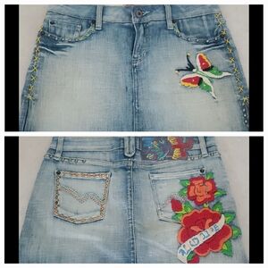 RARE People For Peace Distressed Studded Jean Embroidered Denim Mini Skirt